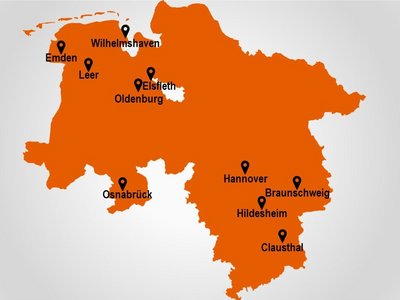 Niedersachsen-Karte mit Standorten